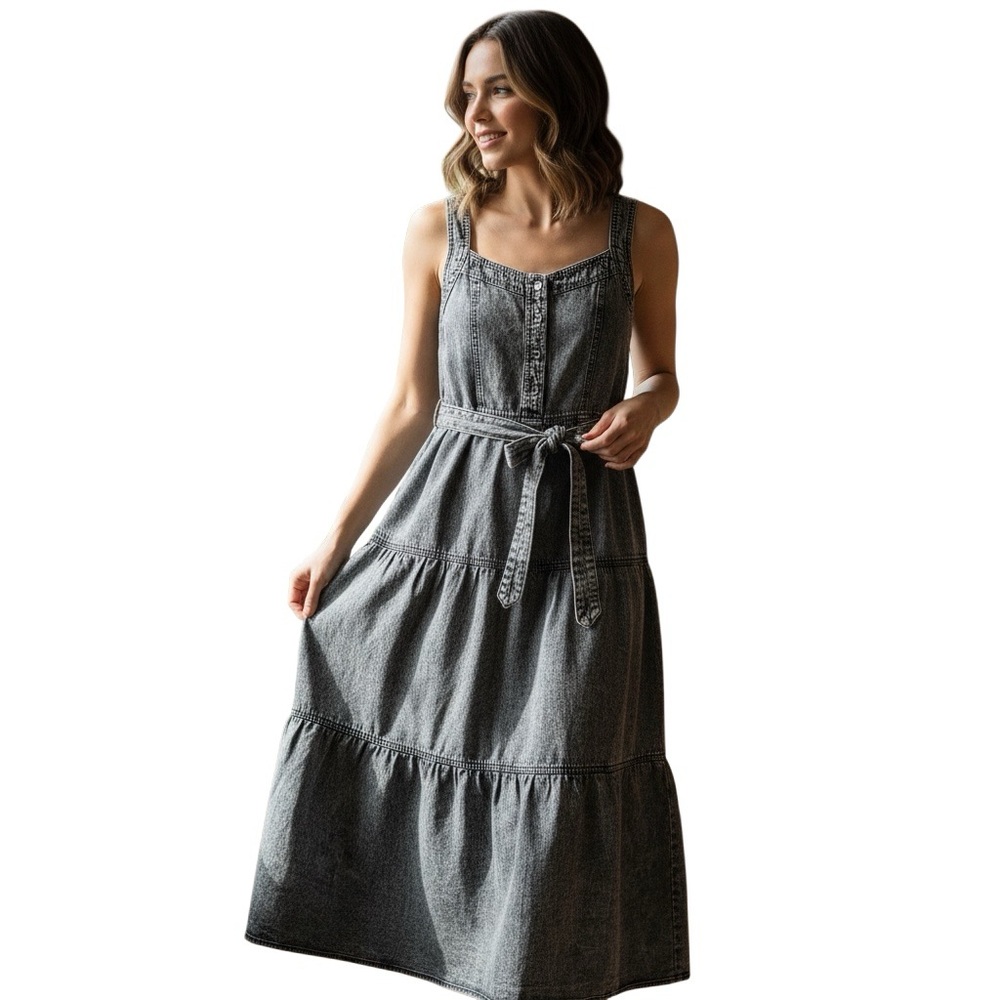Acid Washed Tiered Black Denim Midi Dress w Pockets, Belt